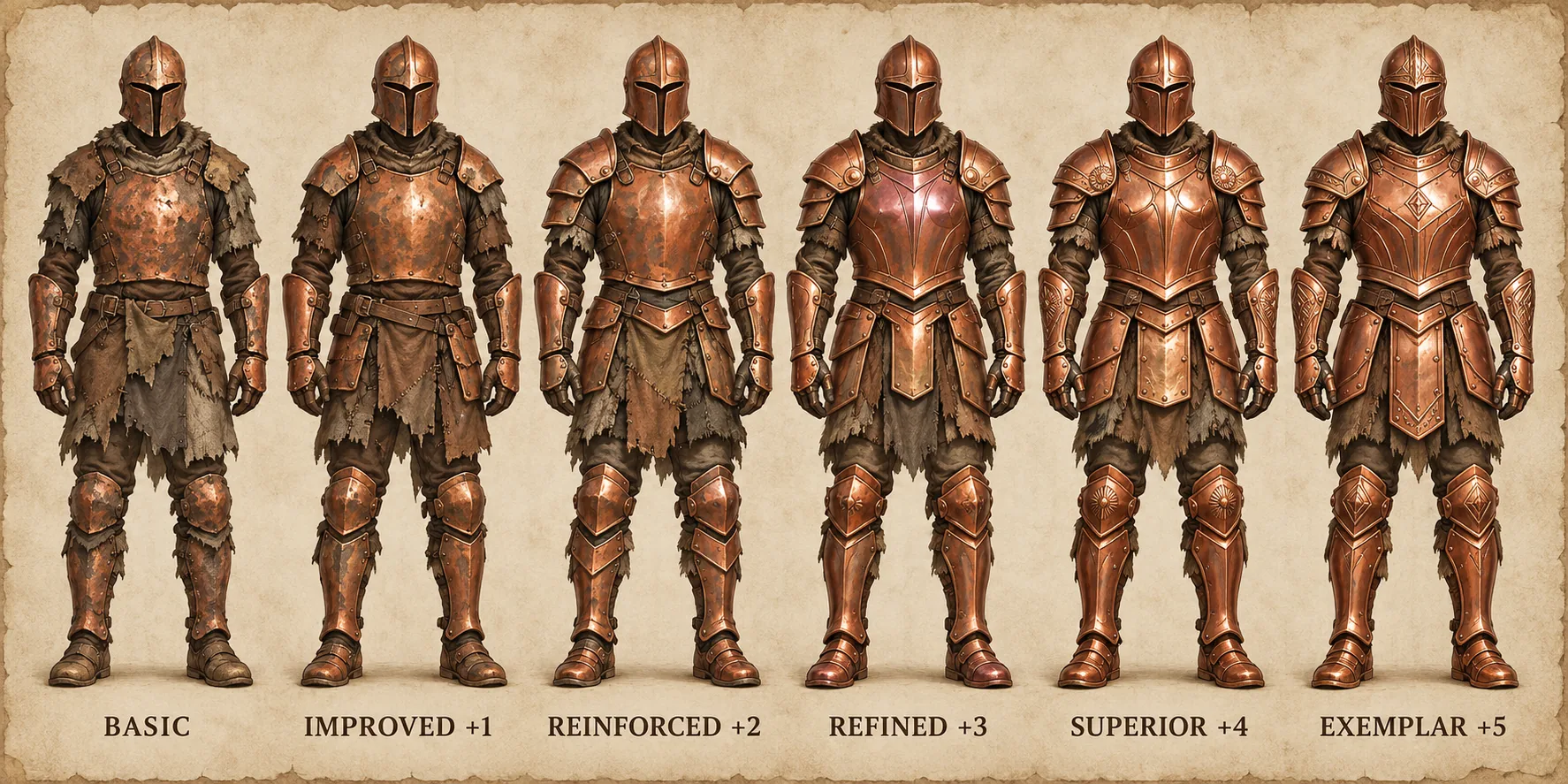 Copperplate Harness progression, showing Basic, Improved plus one, Reinforced pl
us two, Refined plus three, Superior plus four, and Exemplar plus five