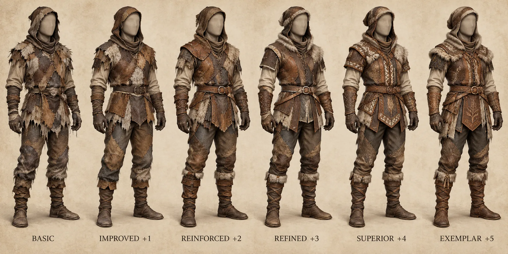 Patchwork Jerkin progression, showing Basic, Improved plus one, Reinforced plus two, Refined plus three, Superior plus four, and Exemplar plu
s five