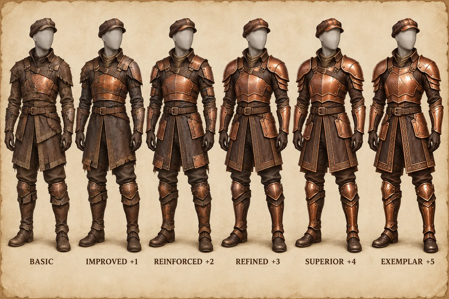 Copperbound Vest progression, showing Basic, Improved plus one, Reinforced plus two, Refined plus three, Superior plus four, and Exemplar plus five