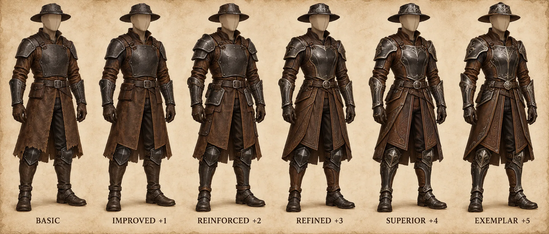 Ironbound Coat progression, showing Basic, Improved plus one, Reinforced plus two, Refined plus three, Superior plus four, and Exemplar plus five