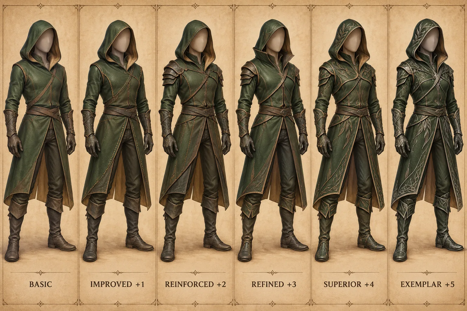 Serviceable Leather Coat progression, showing Basic, Improved plus one, Reinforced plus two, Refined plus three, Superior plus four, and Exemplar plus five