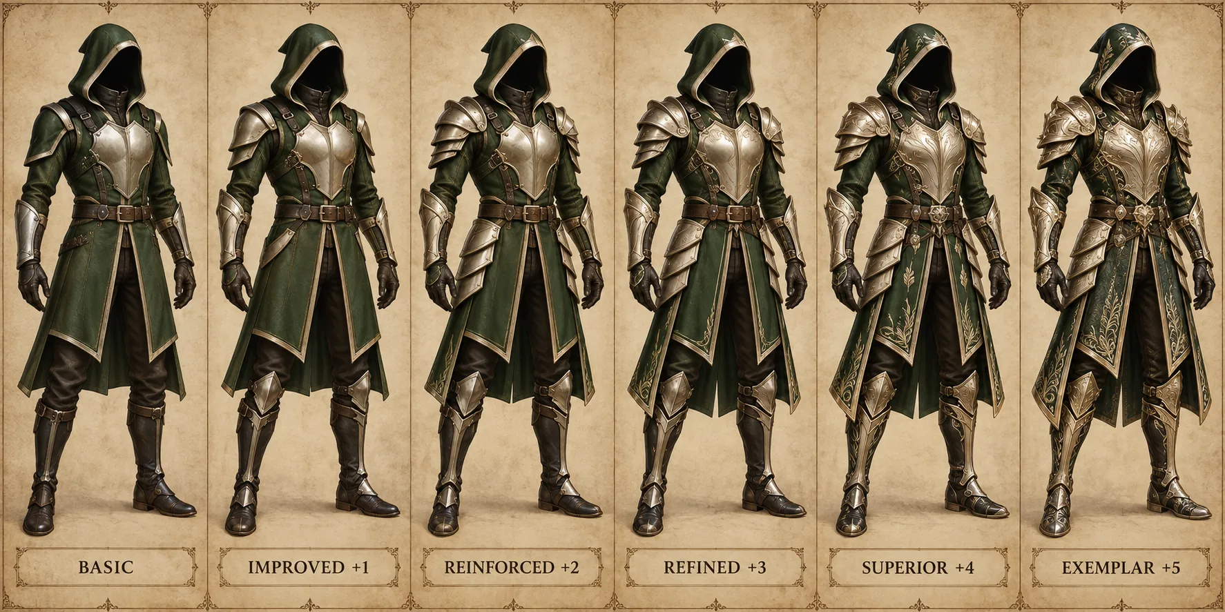 Nickelbound Coat progression, showing Basic, Improved plus one, Reinforced plus two, Refined plus three, Superior plus four, and Exemplar plus five