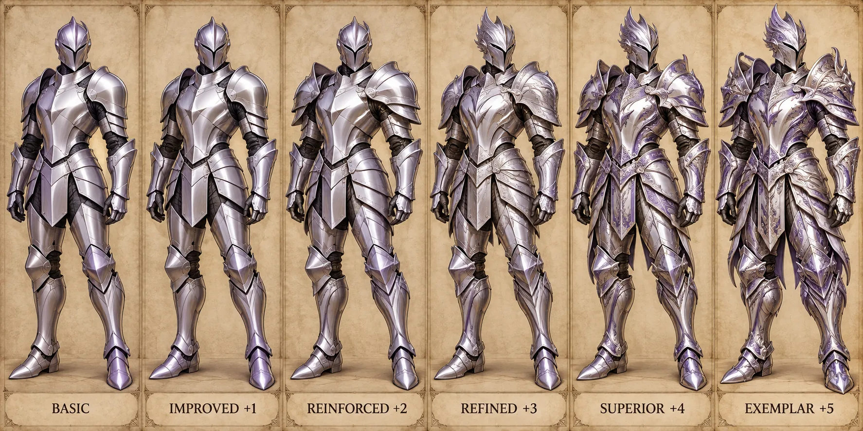 Titanium Plate progression, showing Basic, Improved plus one, Reinforced plus two, Refined plus three, Superior plus four, and Exemplar plus five