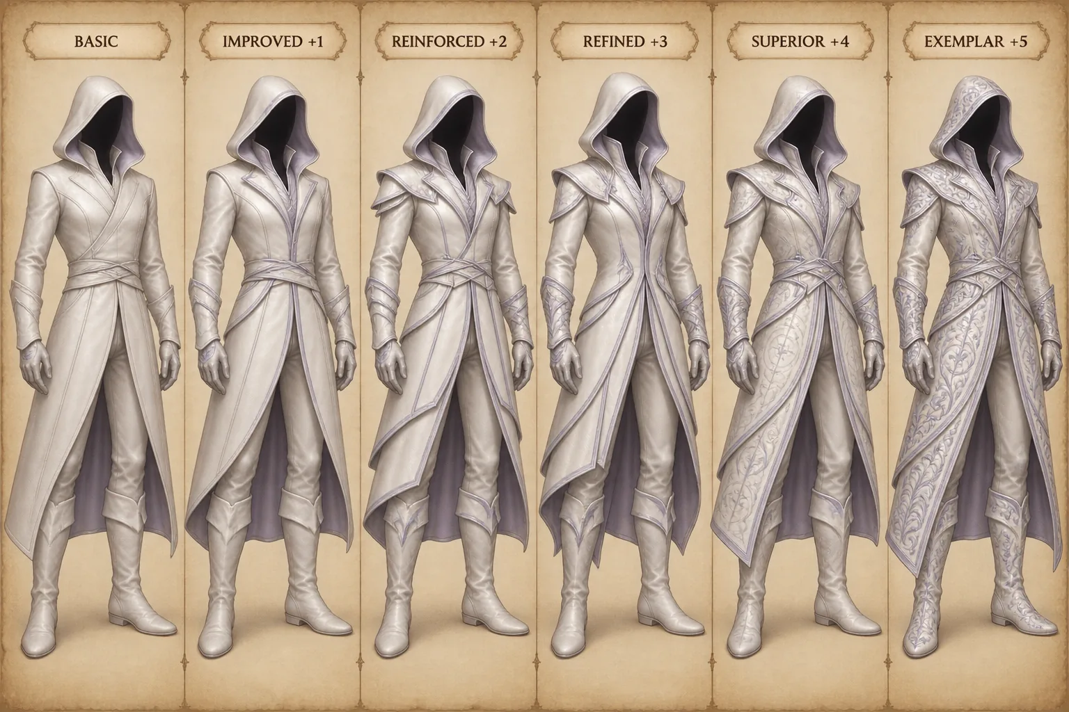 Primehide Coat progression, showing Basic, Improved plus one, Reinforced plus two, Refined plus three, Superior plus four, and Exemplar plus five